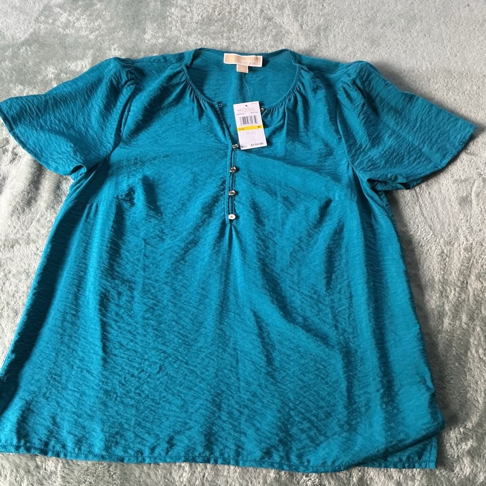 Women's Teal Short-Sleeve Button-Accent Henley Top